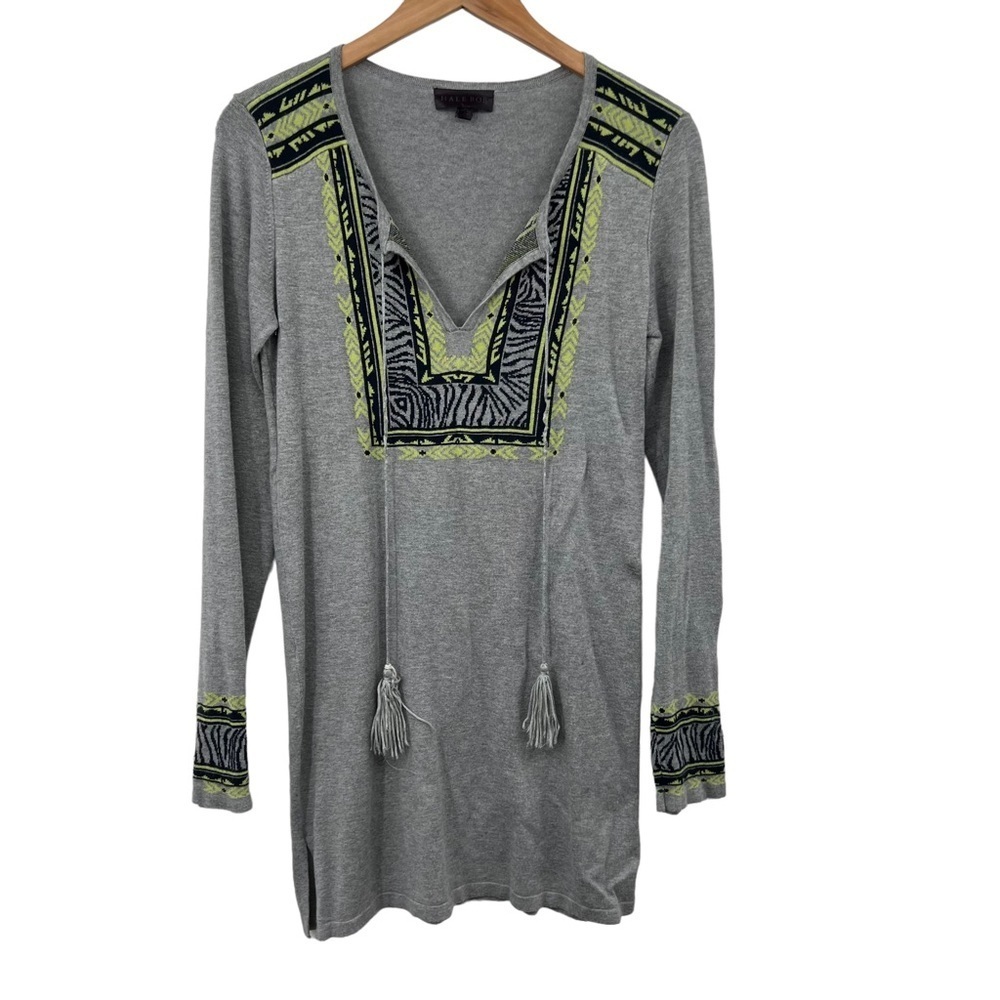 Hale Bob Bohemian Tunic Knit Top Womens M Gray Tassel Tie Neck‎ Long sleeve